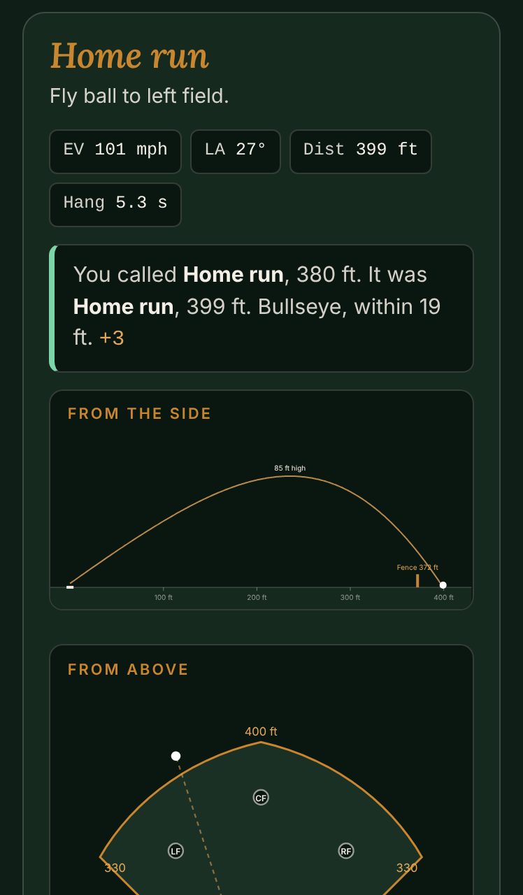 Launch Lab: call the result, pick exit velocity and launch angle, watch the ball fly with real physics