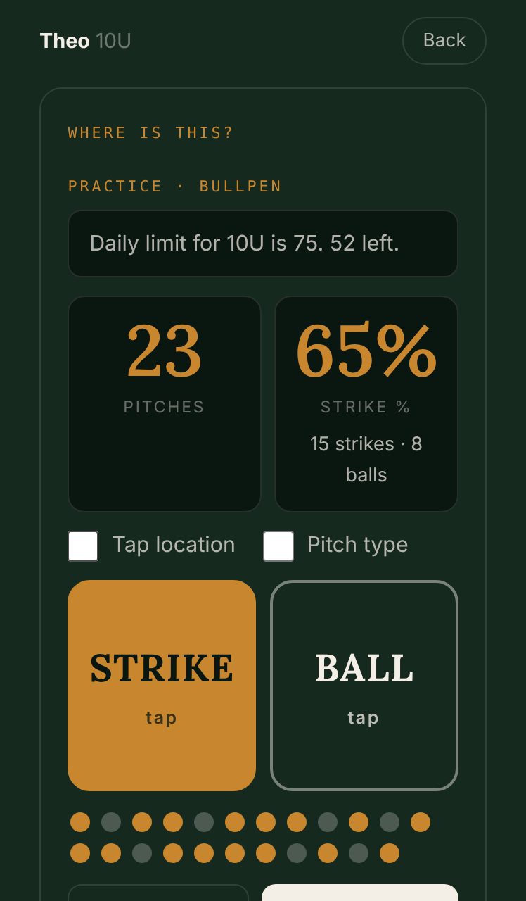 Pitch Tracker: tap ball or strike, see pitch count and strike percent